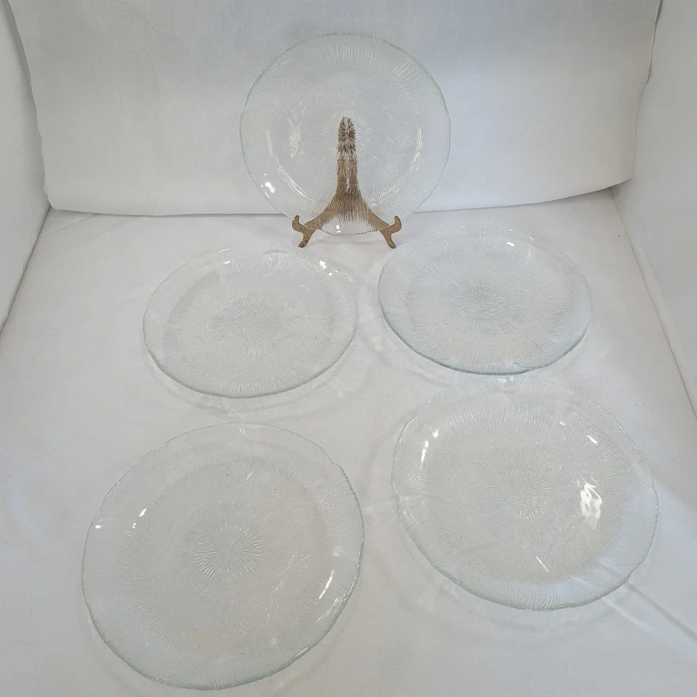 Arcoroc France Fleur Glass Salad Dessert Plates Set of 5 Clear Floral 7.5 Inch